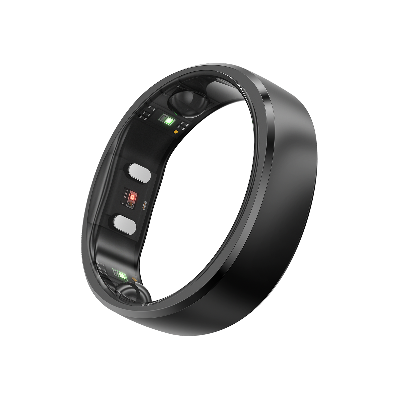 Black smart ring with internal sensors, featuring health tracking technology for sleep, SpO2, and fitness monitoring.