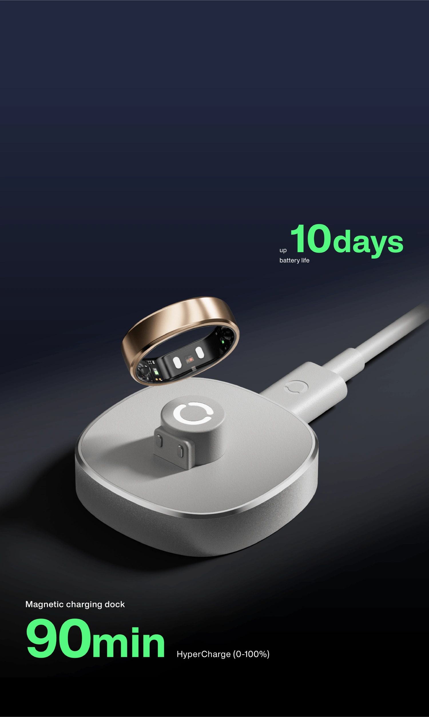 Gold smart ring on charging dock, long battery life, fast charging