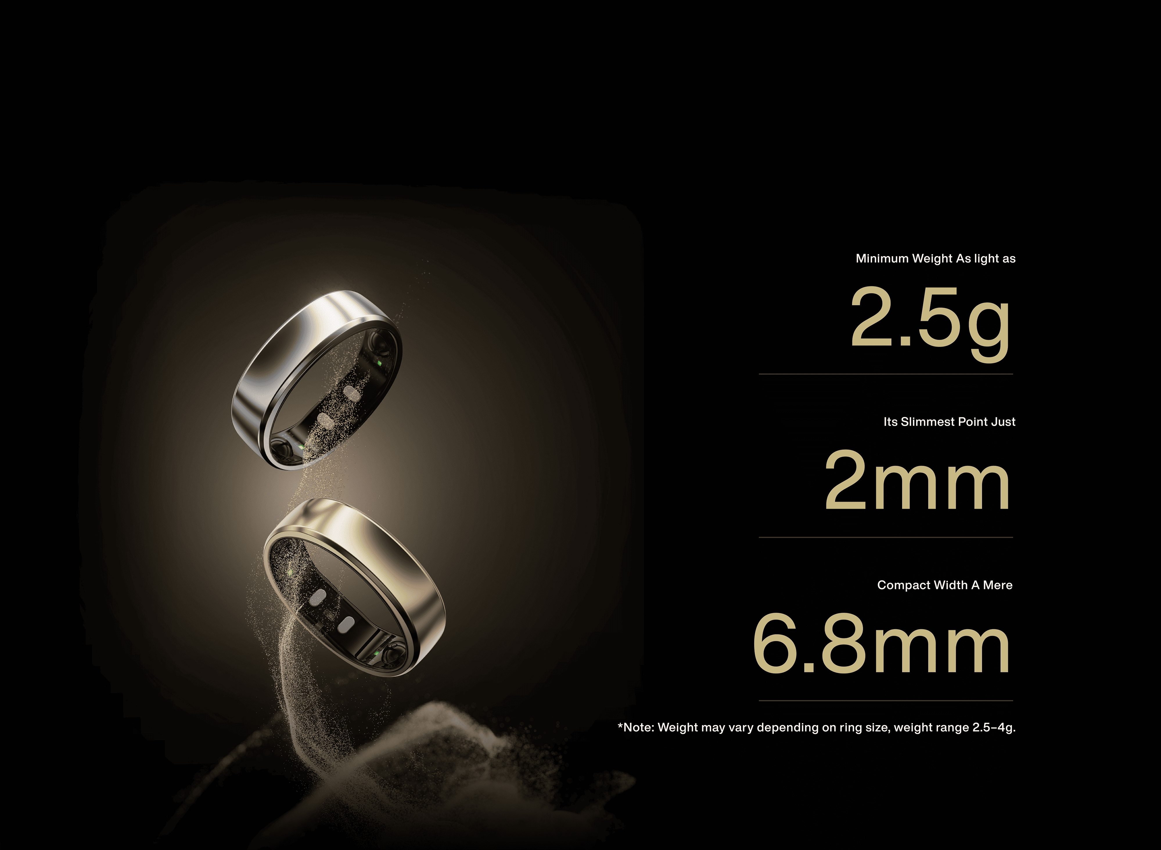 Sleek smart ring design, lightweight at 2.5g, and slim profile, showcasing its compact 6.8mm width.