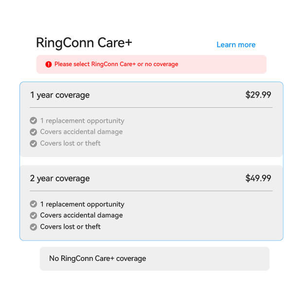 Care+ coverage options: 1-year at $29.99 and 2-year at $49.99, replacement, damage and theft coverage.