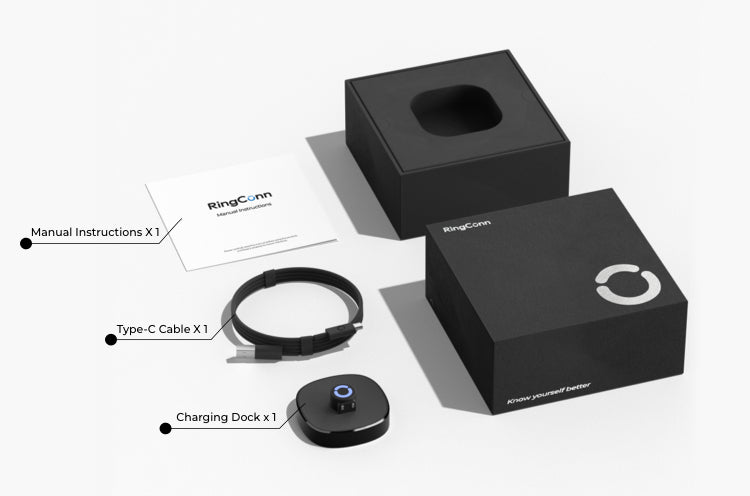 Smart ring accessories: charging dock, Type-C cable, and manual instructions, packaged in a black box.