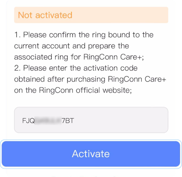 Activation process for Care+ coverage, enter activation code and confirm the ring
