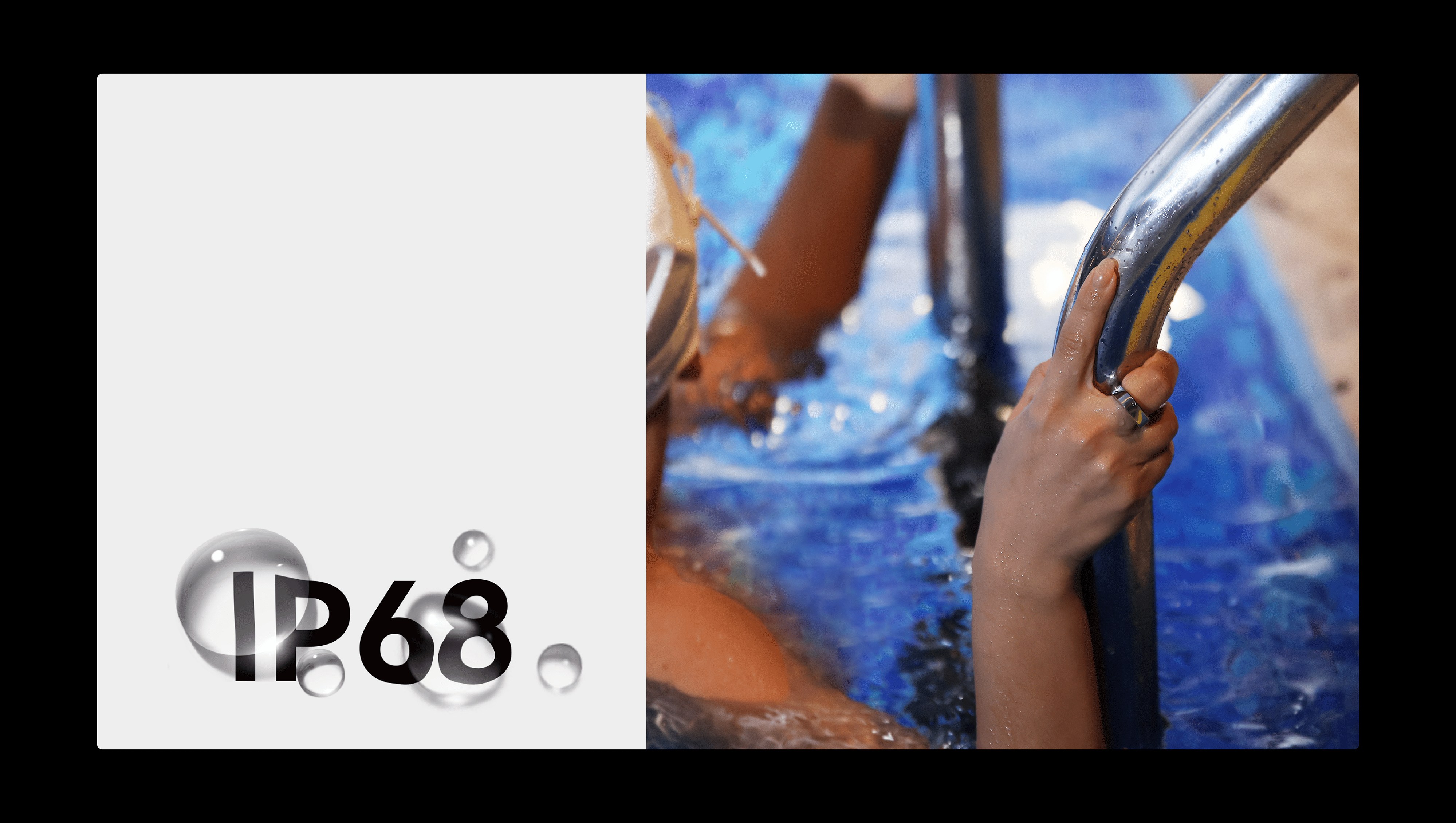 Waterproof smart ring, IP68 rating, woman wearing ring in pool, water resistant, health tracking