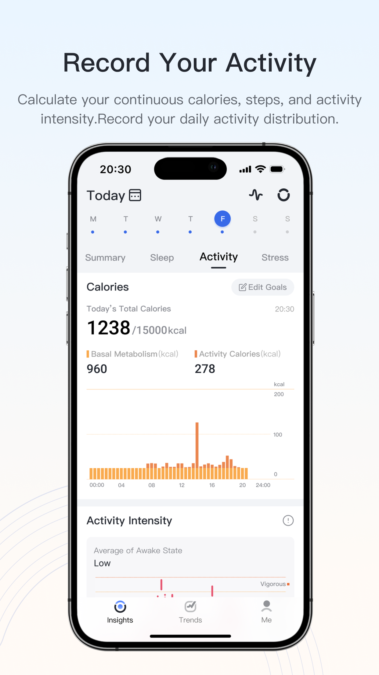 Activity tracking app displaying daily calories, activity intensity, and sleep insights.