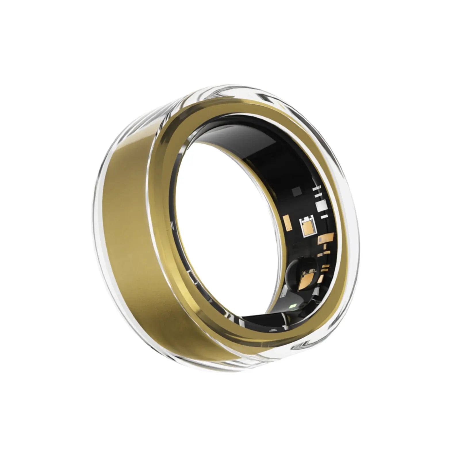 Gold smart ring with transparent exterior and internal circuit board, designed for health tracking.