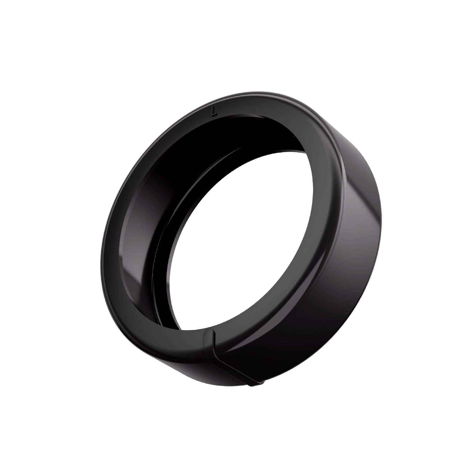 Glossy black smart ring with minimalist design and subtle 'L' mark, for health tech.