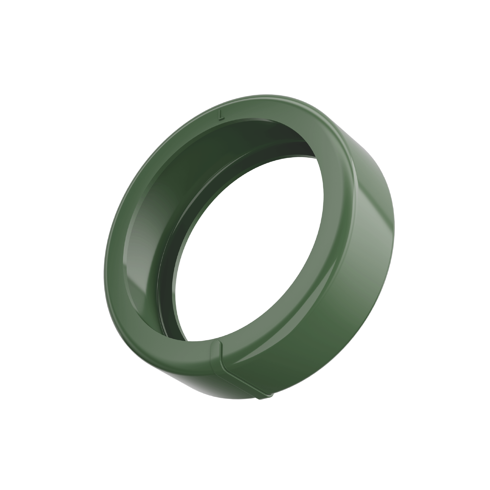 Olive green smart ring with minimalist design, 'L' mark, and health tracking technology