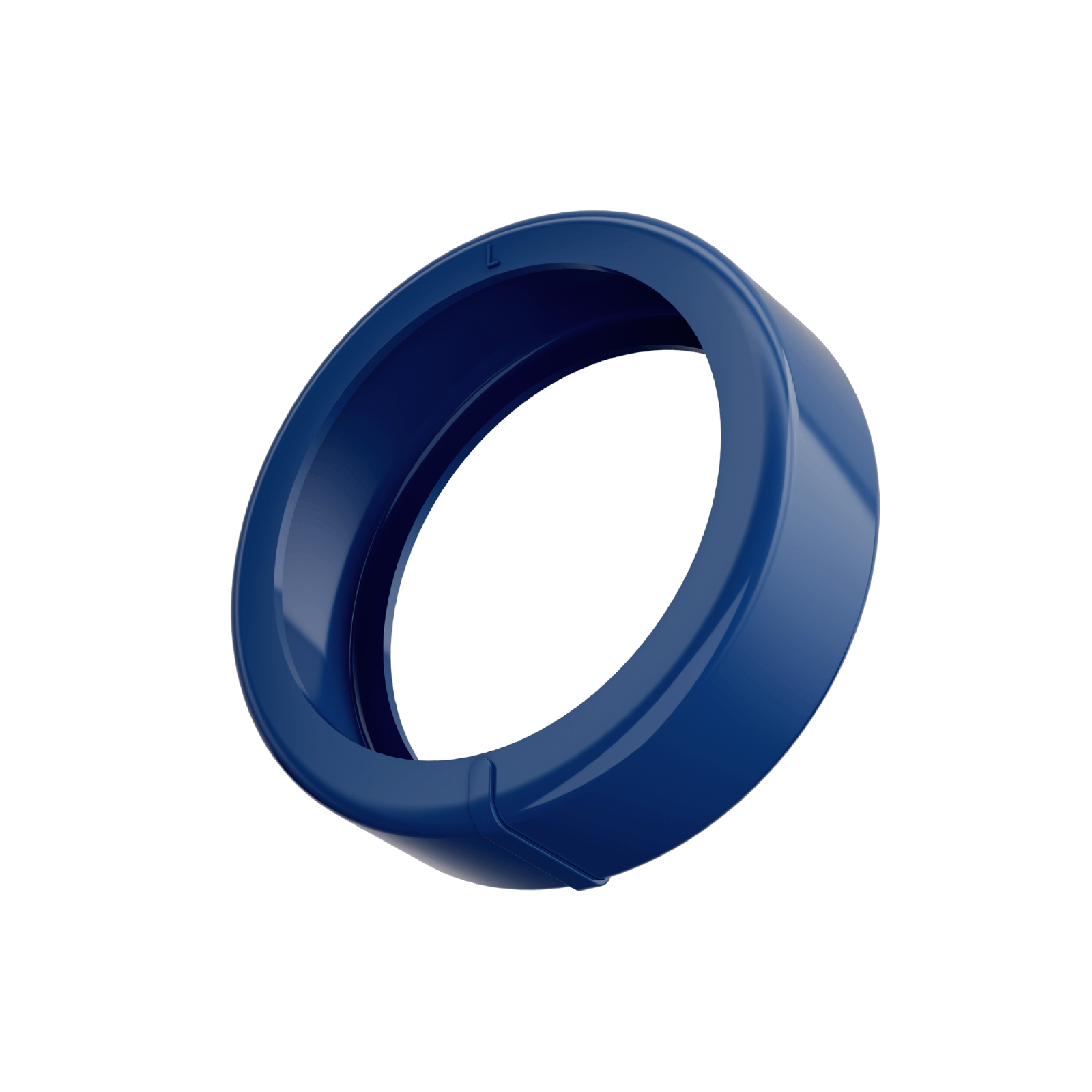 Glossy blue smart ring with minimalist design, featuring the letter 'L' for health and fitness tech.