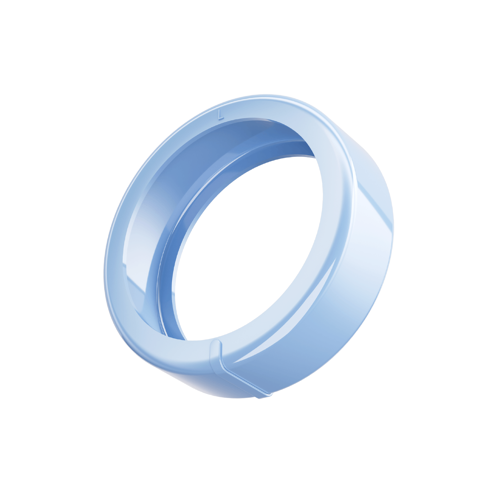 Light blue smart ring with minimalist design and "L" mark, health tech product.
