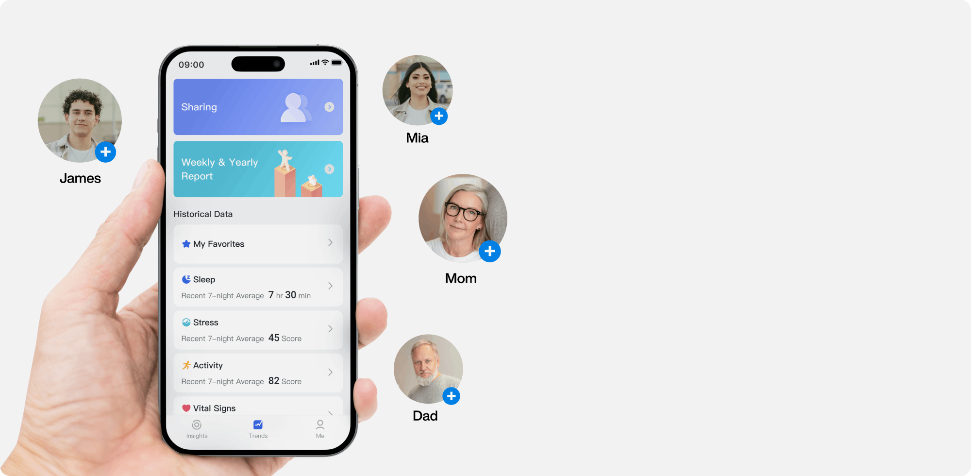 Smartphone health app interface showing sleep, stress, and activity data, with sharing options and family contacts.