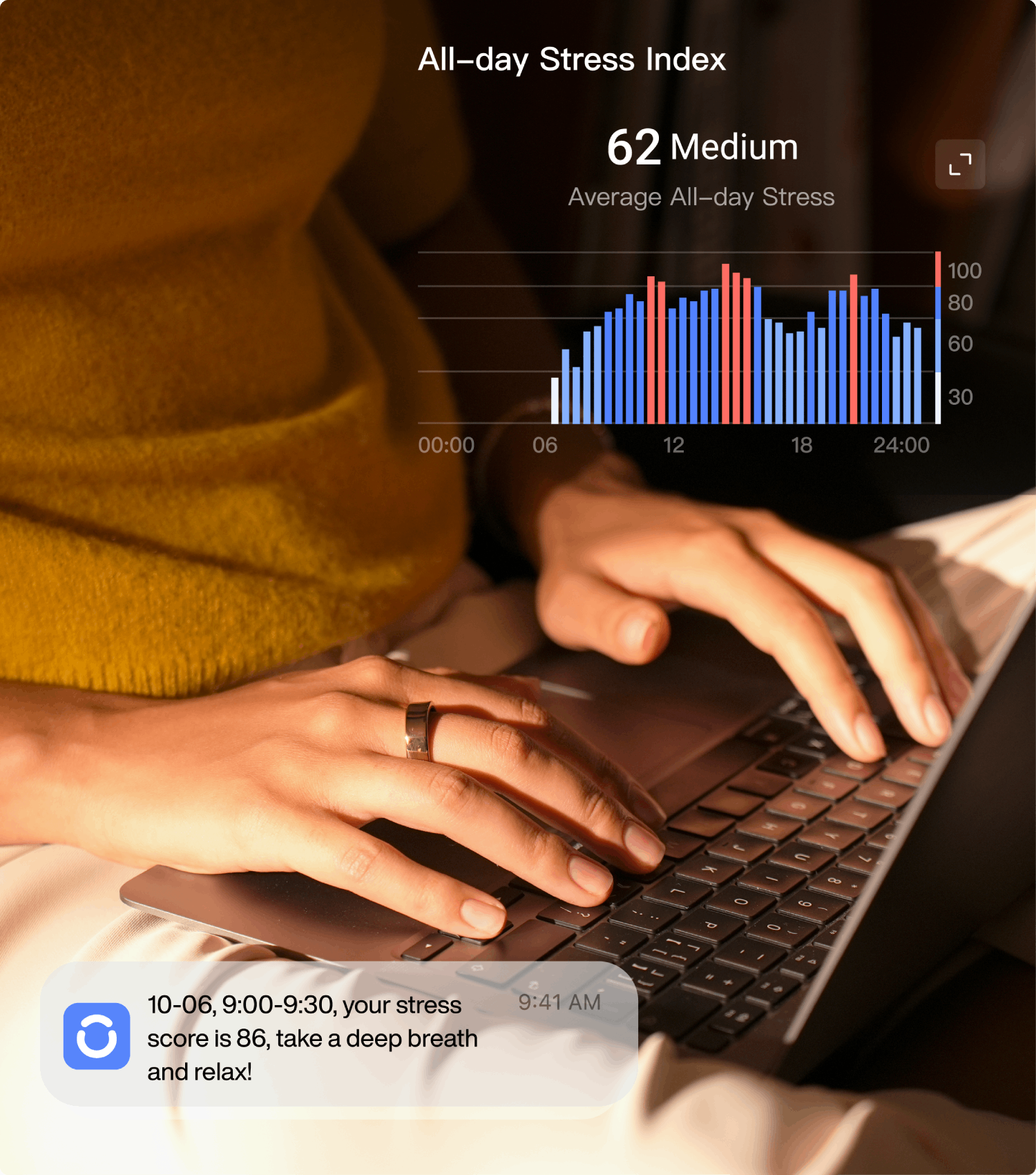 Person with a smart ring, stress data graph and message 10-06, stress score is 86, take a deep breath.