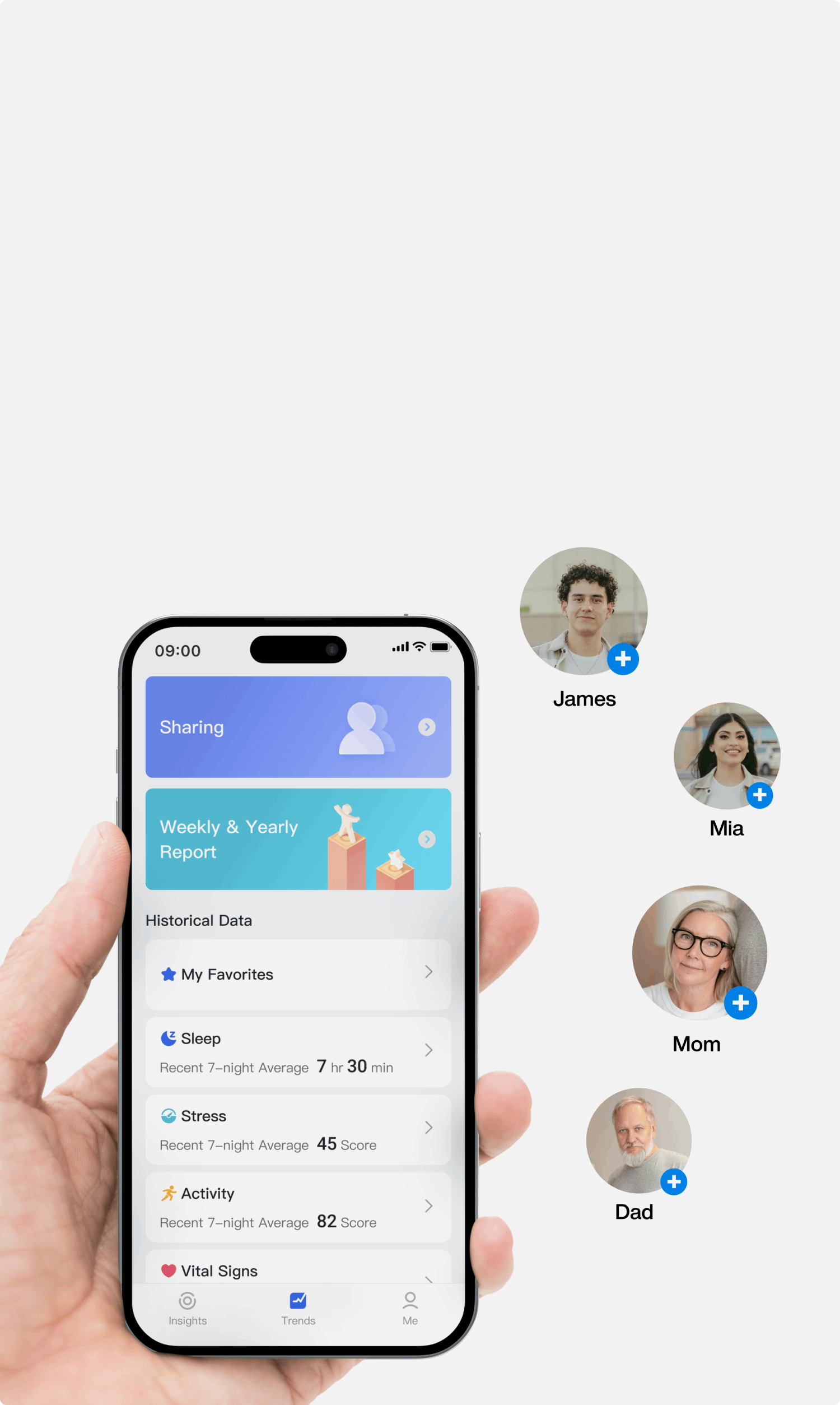 Smartphone app interface displaying health data sharing options with family, including sleep, stress, and activity metrics.