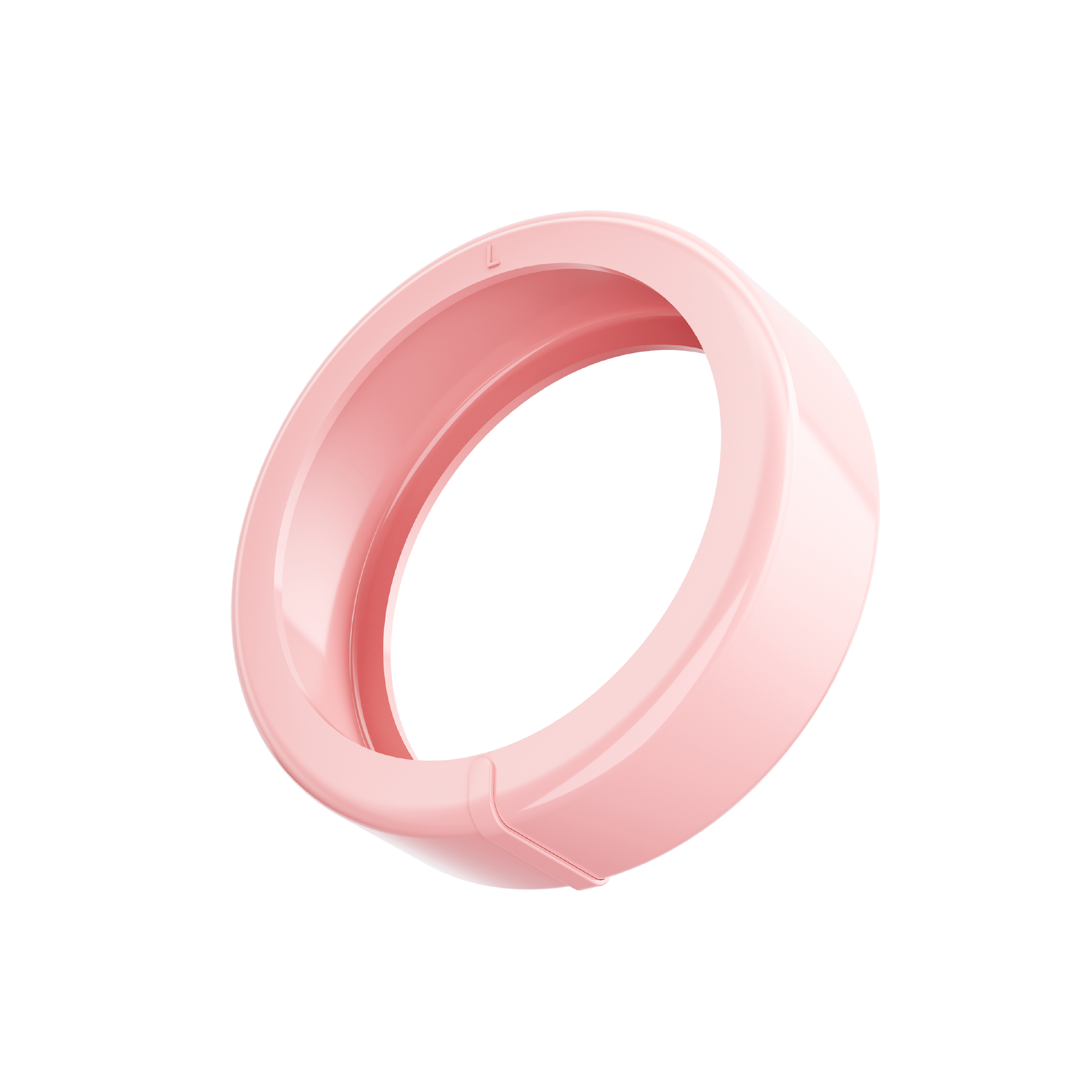 Light pink smart ring, showcasing a minimalist design with the letter "L" printed.