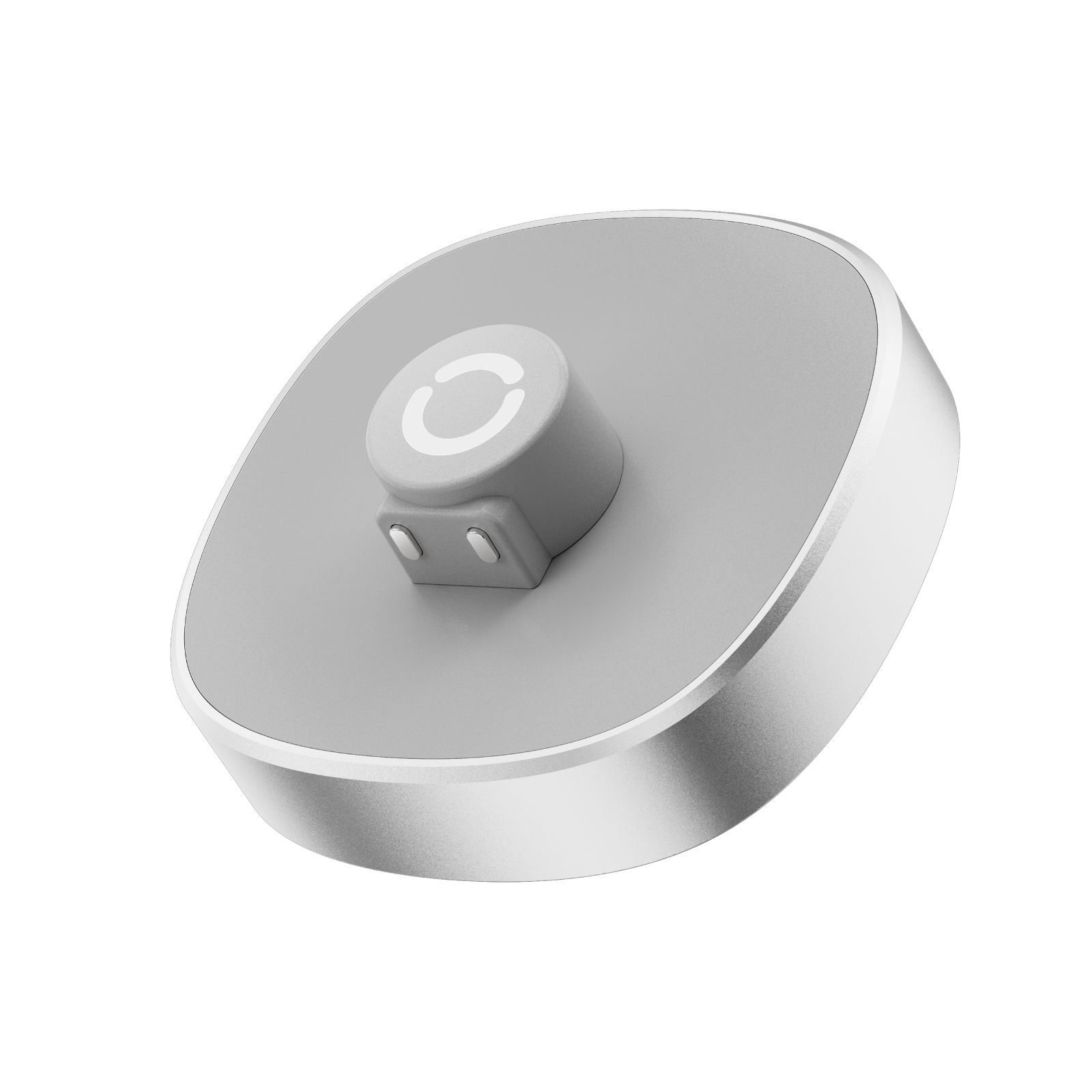 Charging dock for smart ring. Silver and gray design with magnetic charging, showing a clear charging status indicator.