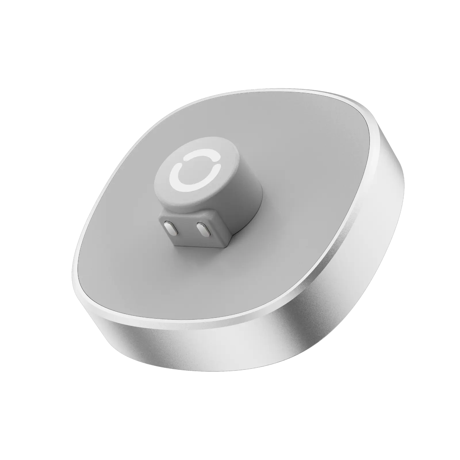 Charging dock for smart ring. Silver and gray design with magnetic charging, showing a clear charging status indicator.