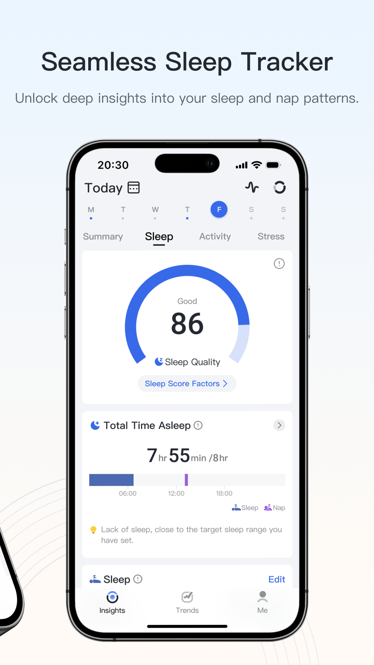 Sleep tracking app interface displaying sleep score, time asleep, and sleep insights.