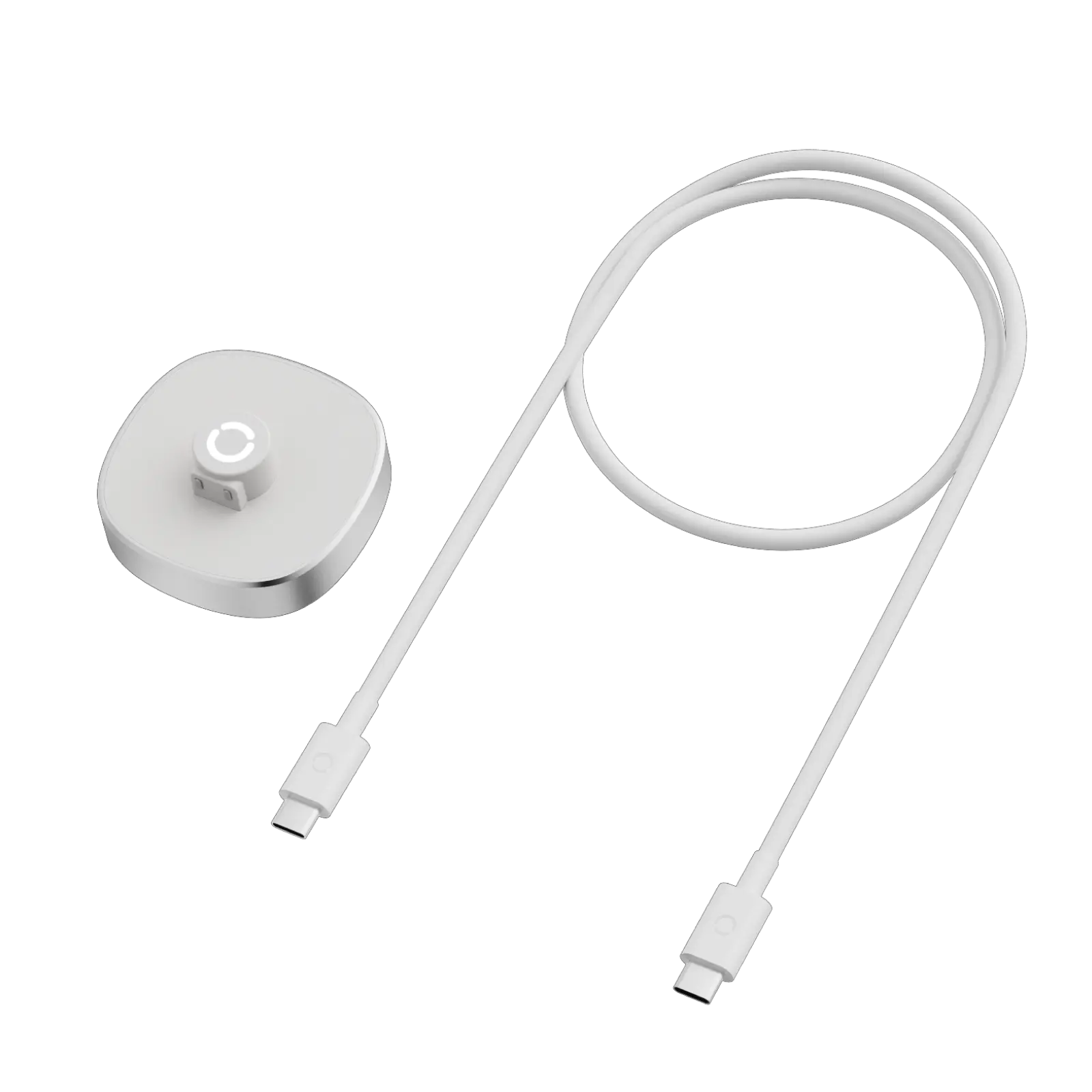 White charging dock and USB-C cable for smart ring, magnetic charging for effortless use and 24/7 sleep tracking support.