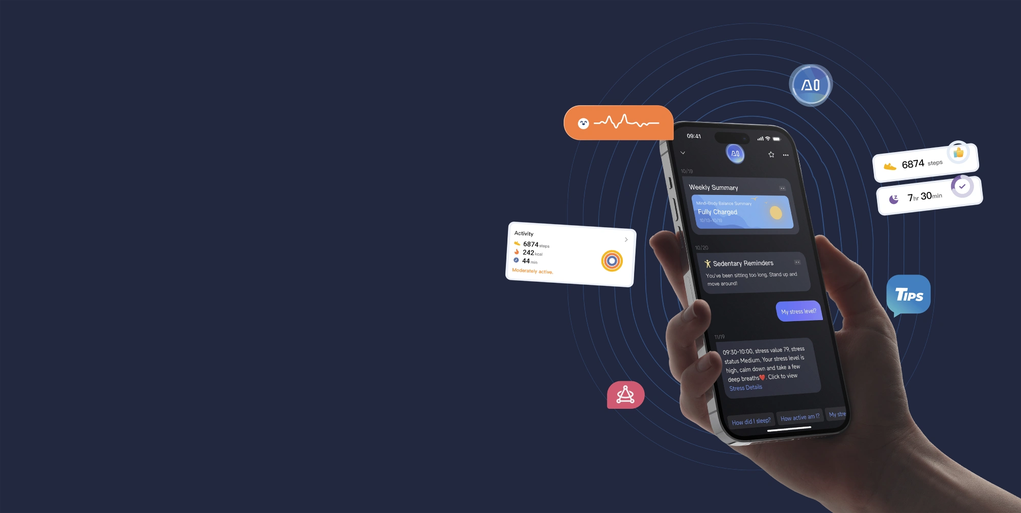 Health tracking app interface on smartphone showing weekly activity, steps, and stress level reminders.