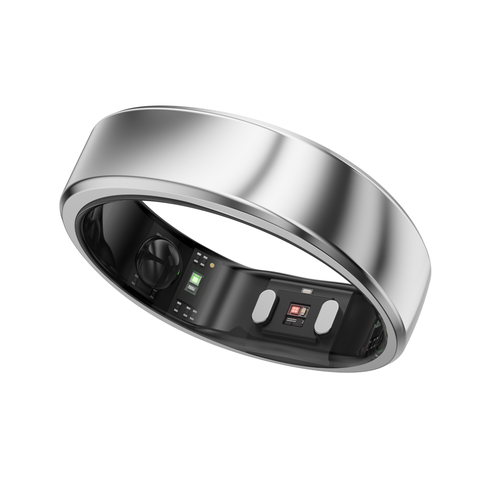 Silver smart ring with health tracking sensors, sleep apnea detection, and fitness monitoring.