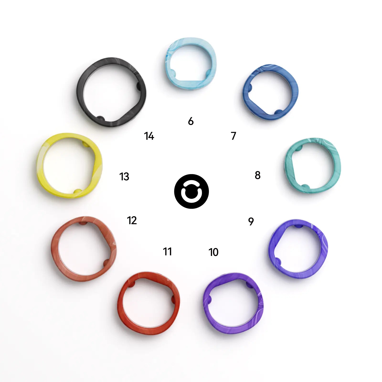 Assorted smart rings sizing kit in various colors, ideal for sleep tracking and health monitoring.