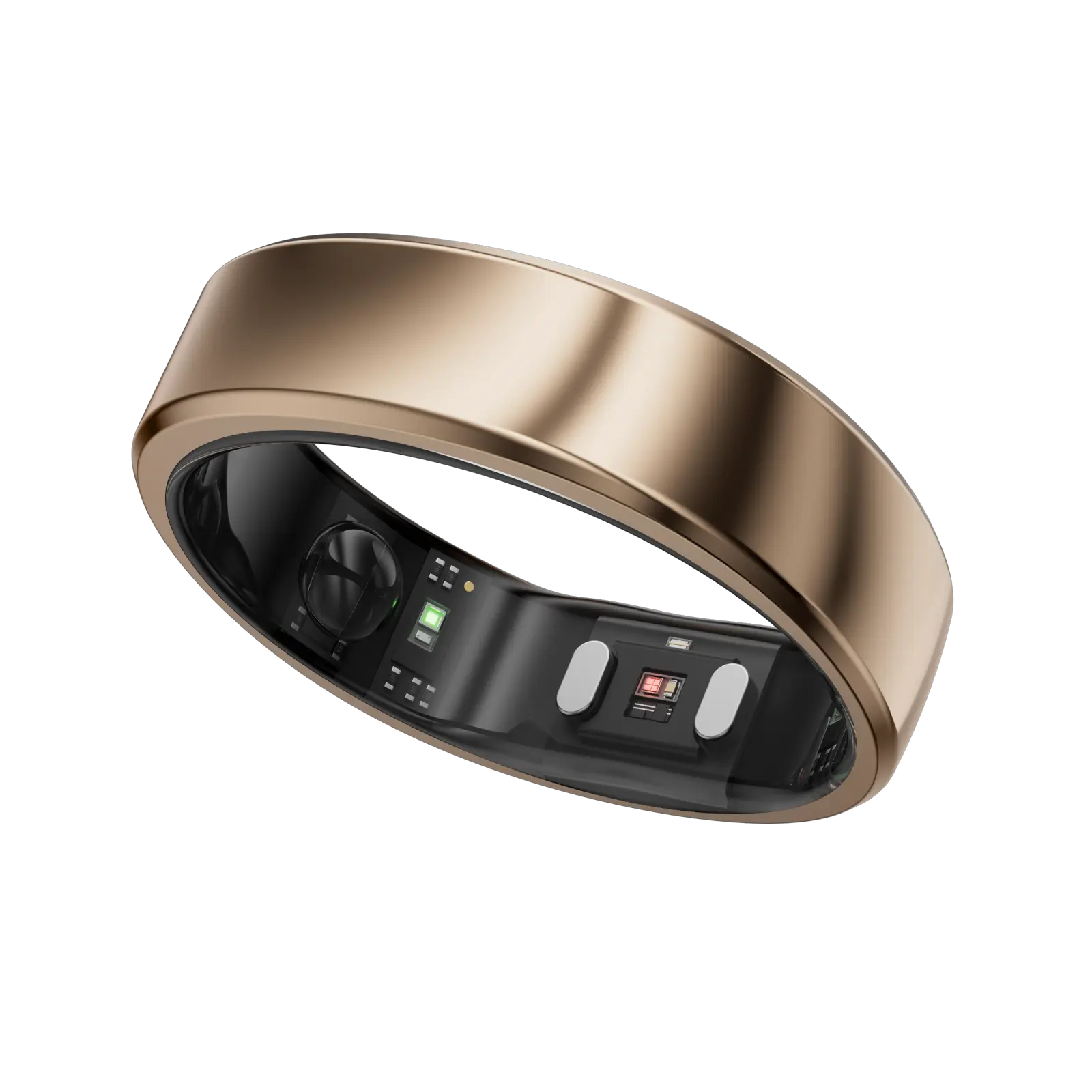 Gold smart ring. Tracks sleep, heart rate, and SpO2. Features health tracking sensors for sleep apnea and fitness.