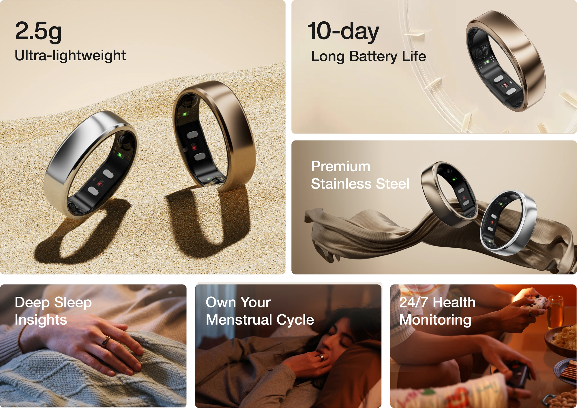 Smart ring, ultra-lightweight design with 10-day battery life, health monitoring, stainless steel, silver and gold color